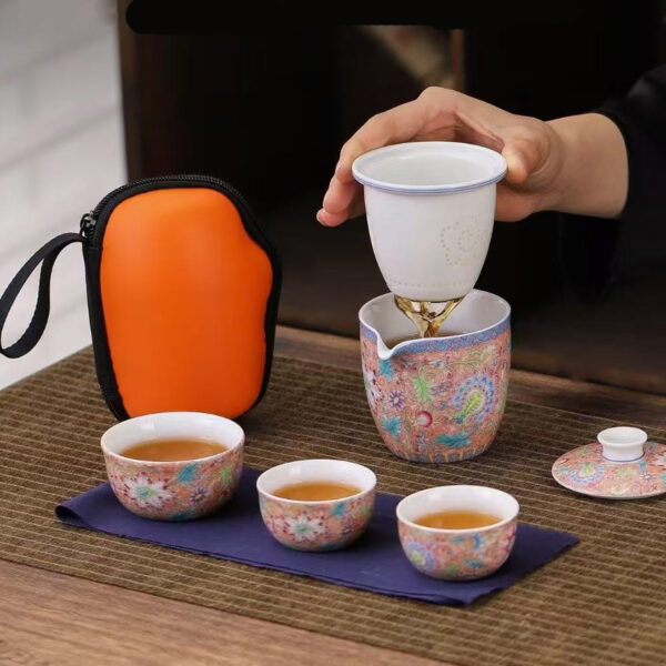 Cloisonné Enamel Interlocking Lotus Travel Tea Set
